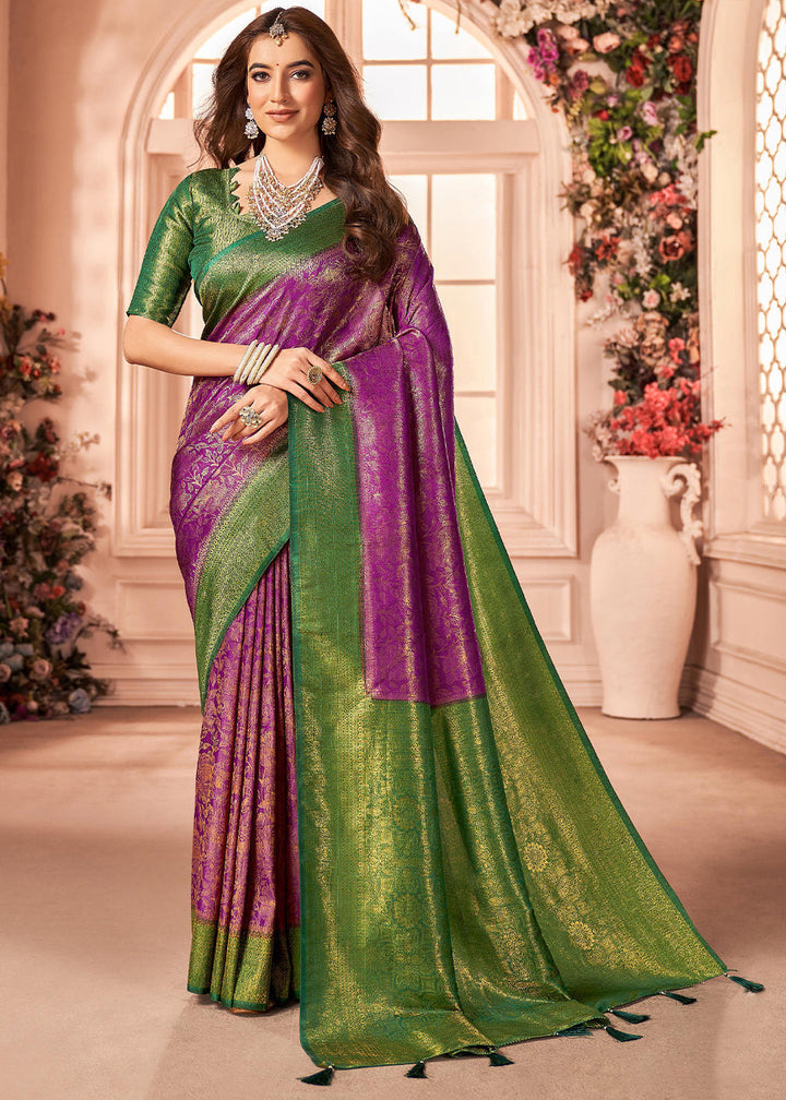 Purple & Green Zari Woven Designer Silk Saree