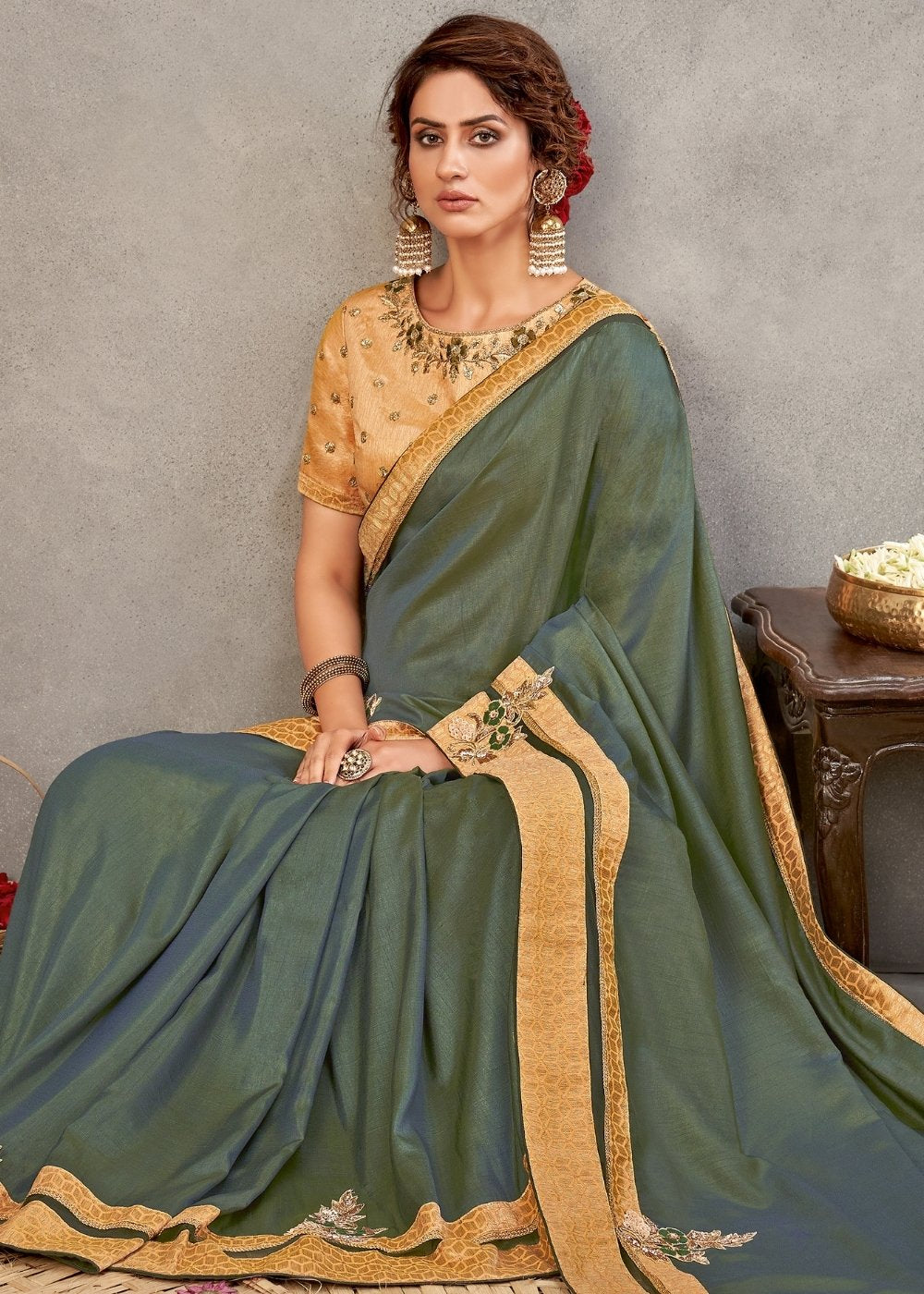 Glade Green Tussar Silk Saree with Resham, Sequins Embroidery & Handwork Butta