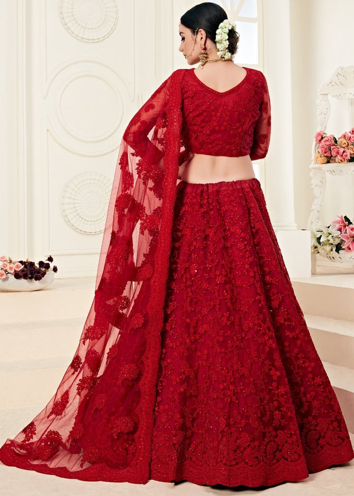 Scarlet Red Soft Net Lehenga Choli with Cording Embroidery & Stonework