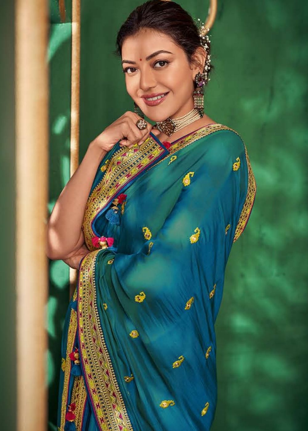 Olympic Blue Designer Silk Saree with Contrast Embroidered Blouse