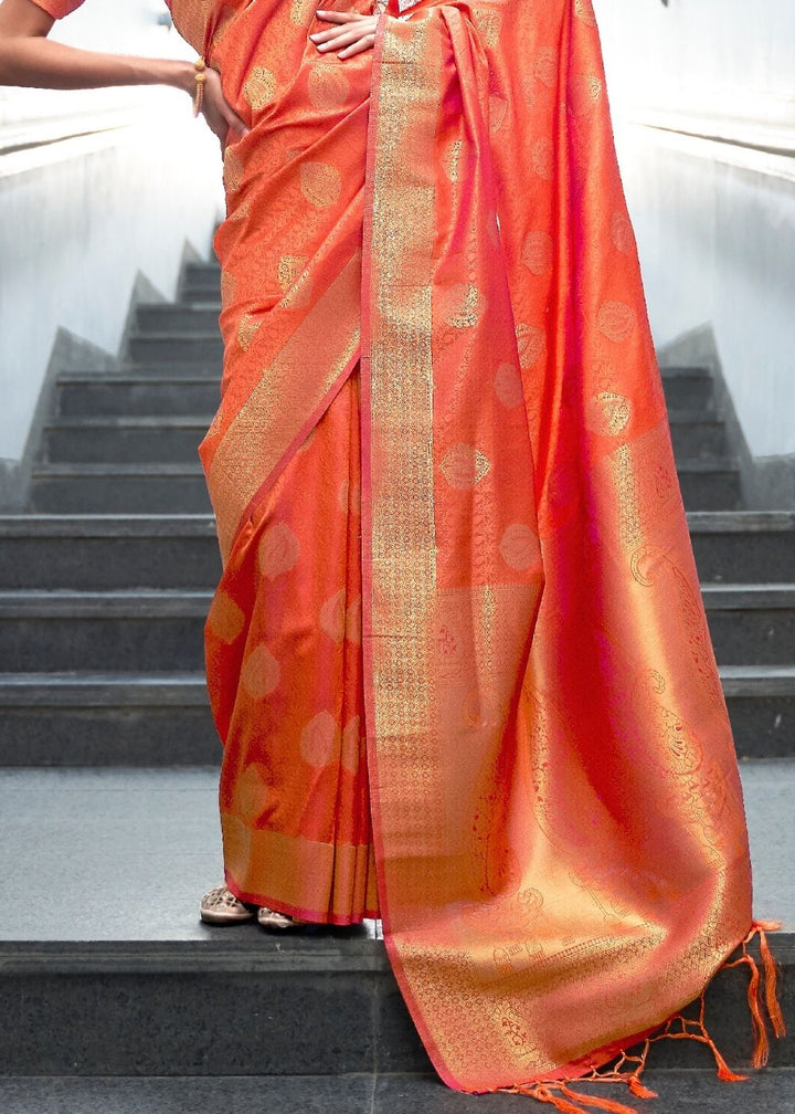 Coral Orange Woven Banarasi Silk Saree with overall Butti