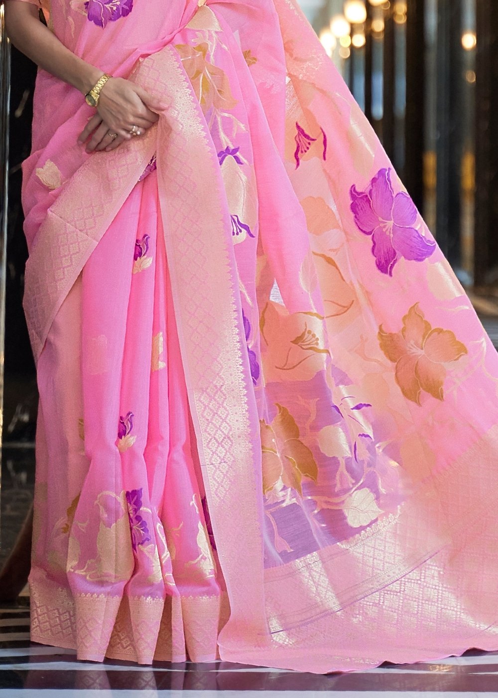 Vivid Pink Zari Woven Linen Silk Saree