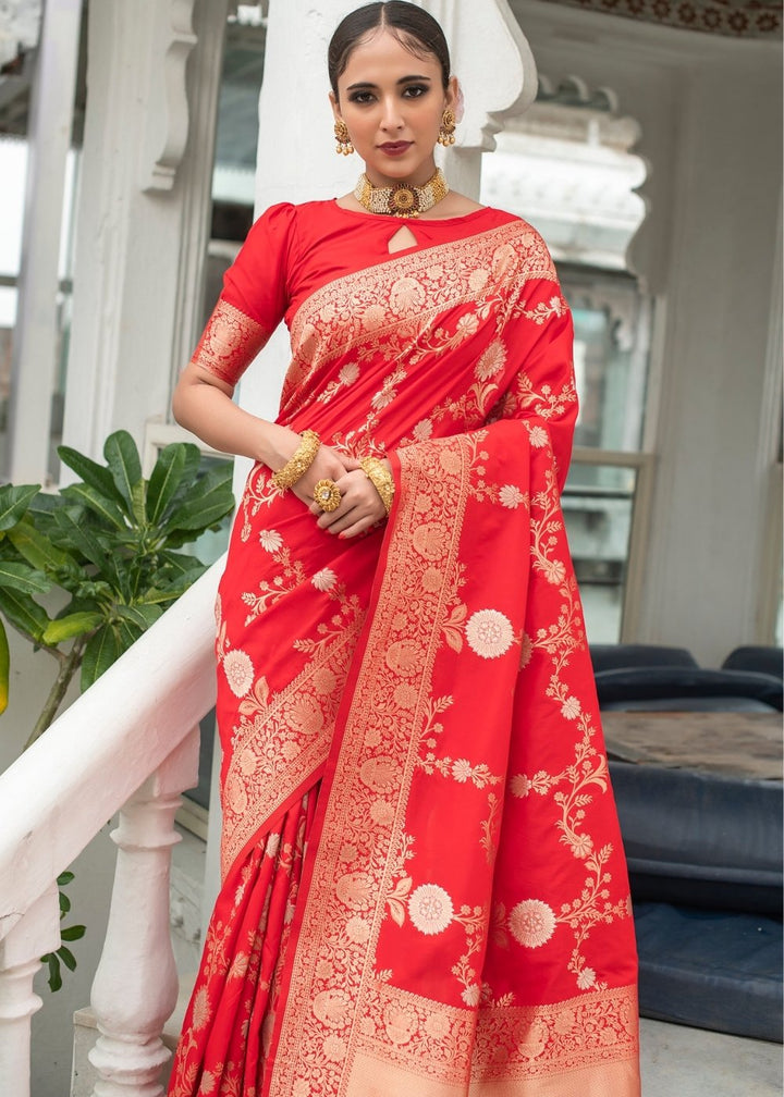 Imperial Red Soft Banarasi Silk Saree with Floral Zari work