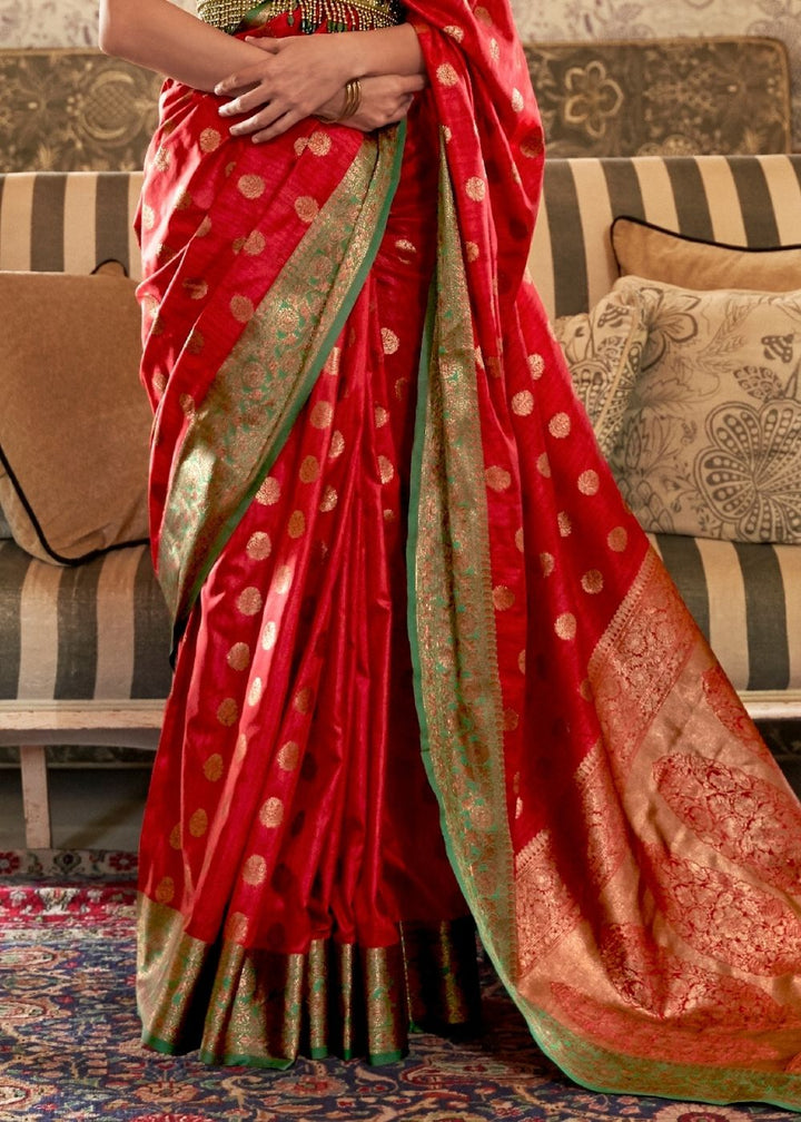Carmine Red Woven Banarasi Tussar Silk Saree