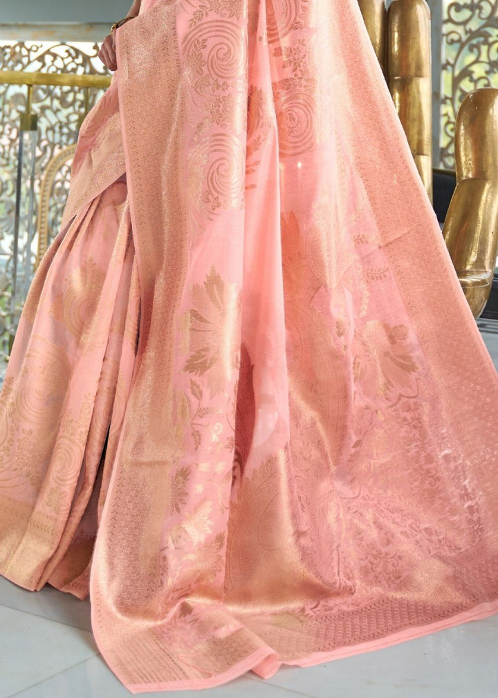 Coral Pink Zari Woven Designer Silk Saree