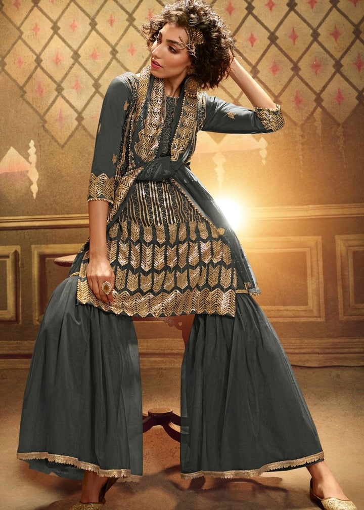 Anchor Grey Designer Soft Net Sharara Suit with overall Sequins work