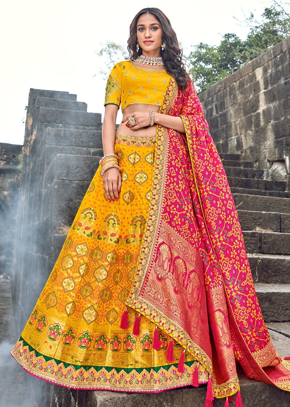Yellow Banarasi Silk Lehenga With Pink Dupatta