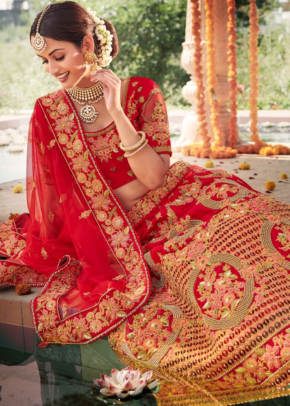 Rose Red Silk Bridal Lehenga Choli with Heavy Thread Embroidery and Stone work
