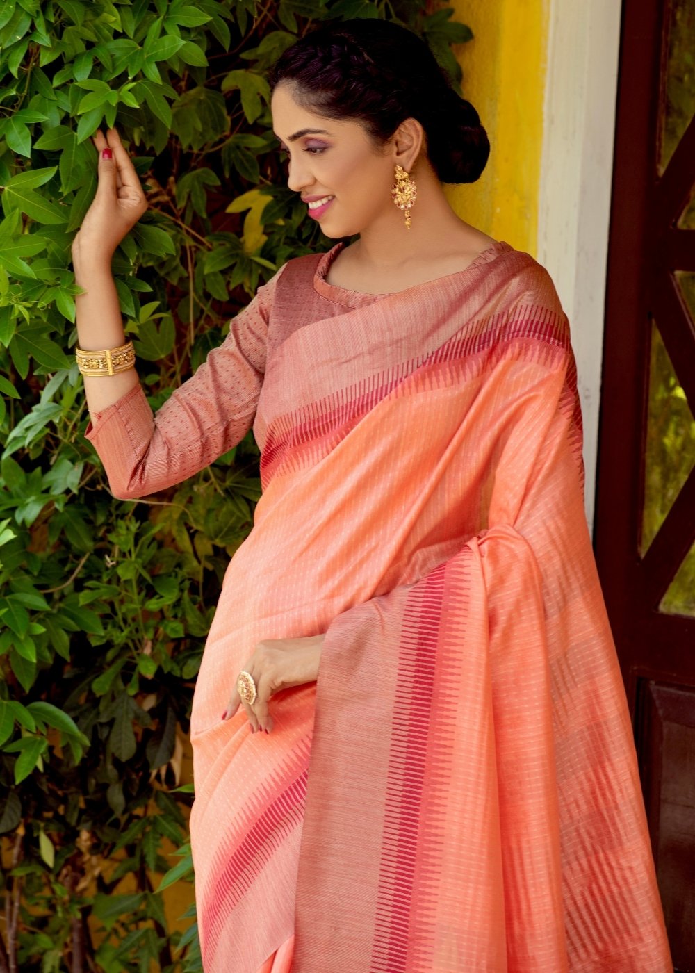 Peach Pink Zari Weaving Silk Saree with Tassels on Pallu
