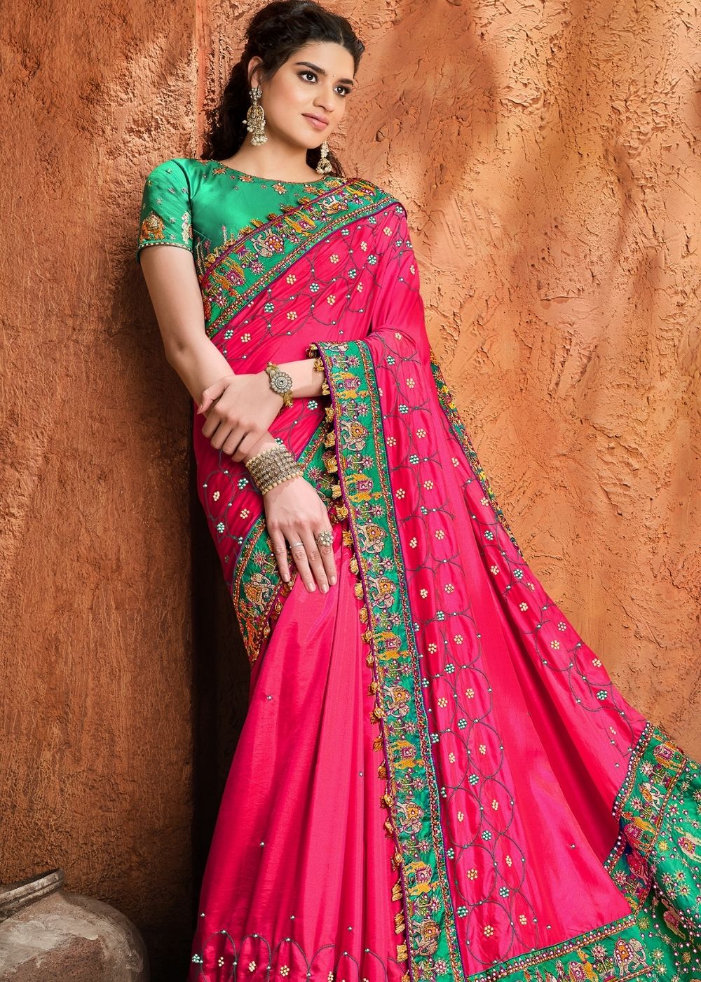 Cerise Pink Pure Satin Saree with Mirror, Resham & Diamond work