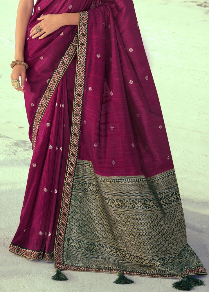 Jam Purple Woven Banarasi Silk Saree with Embroidered Border & Swarovski work