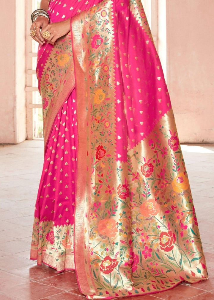 Cerise Pink Woven Paithani Silk Saree