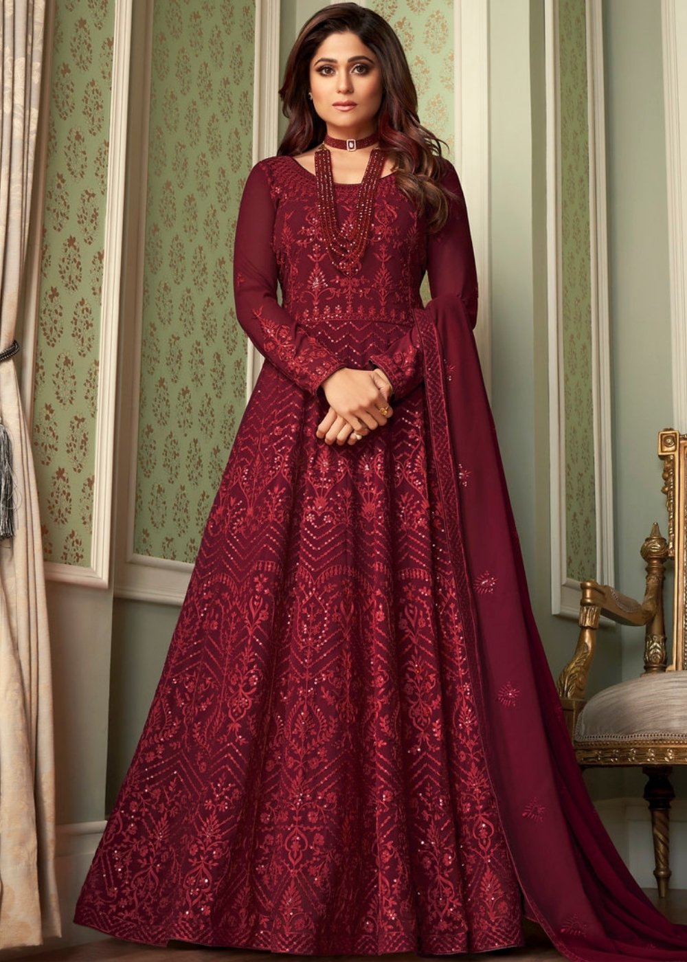 Barn Red Georgette Embroidered Anarkali Suit: Top Pick