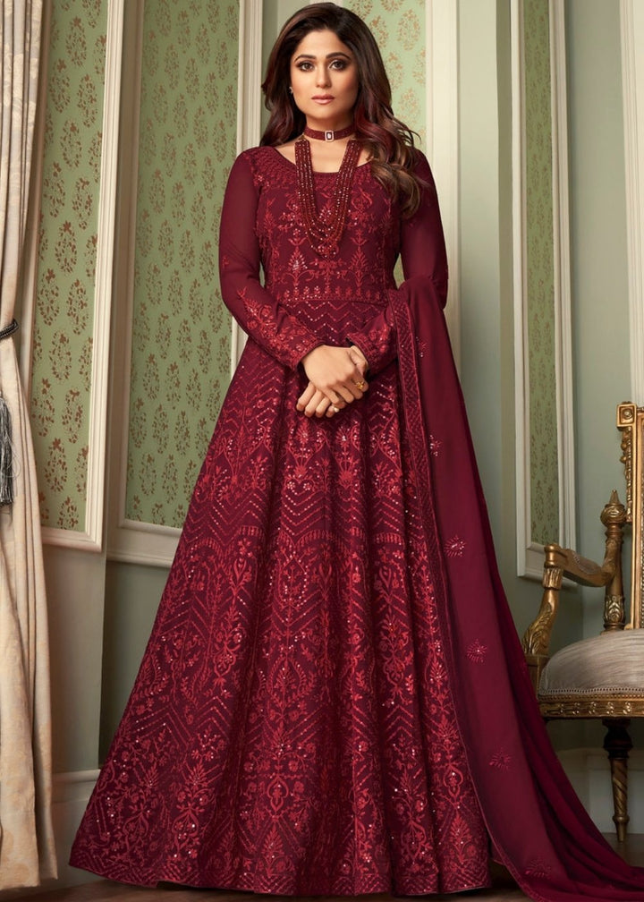 Barn Red Georgette Embroidered Anarkali Suit