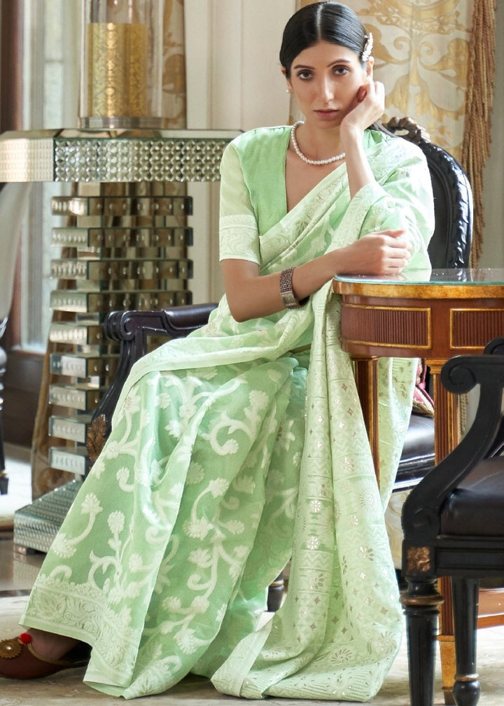 Emerald Green Lucknowi  Chikankari Weaving Silk Saree