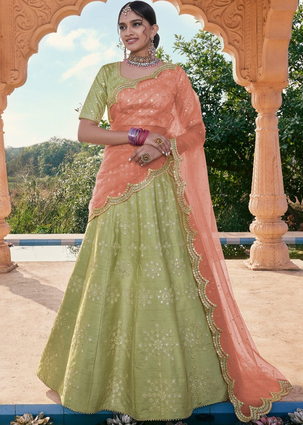 Pista Green Handloom Silk Lehenga Choli with Mirror work & Embroidery