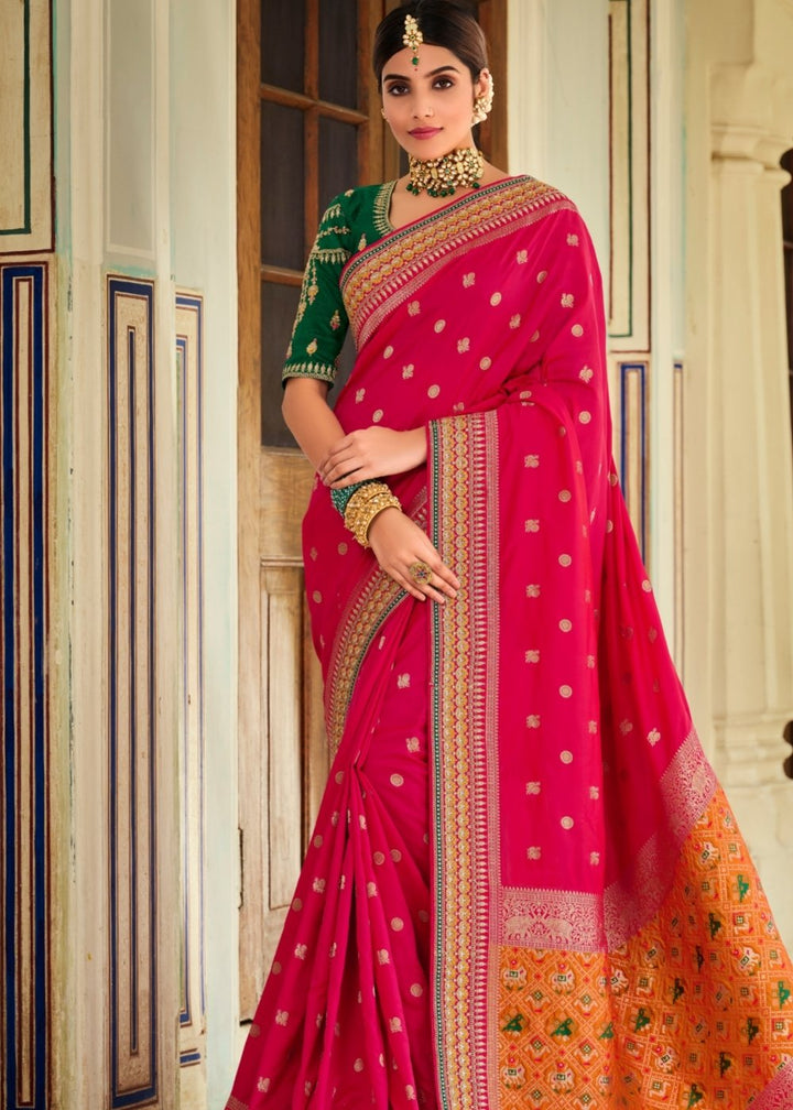 Cerise Pink Woven Banarasi Silk Saree with Embroidered Blouse