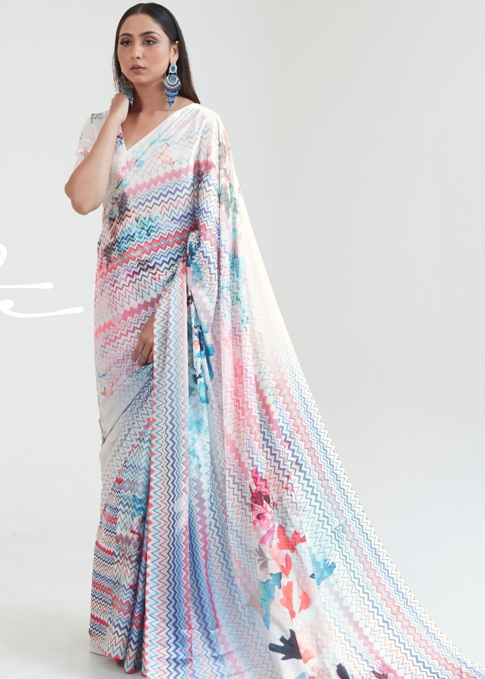 Daisy White & Blue Satin Silk Digital Printed Saree