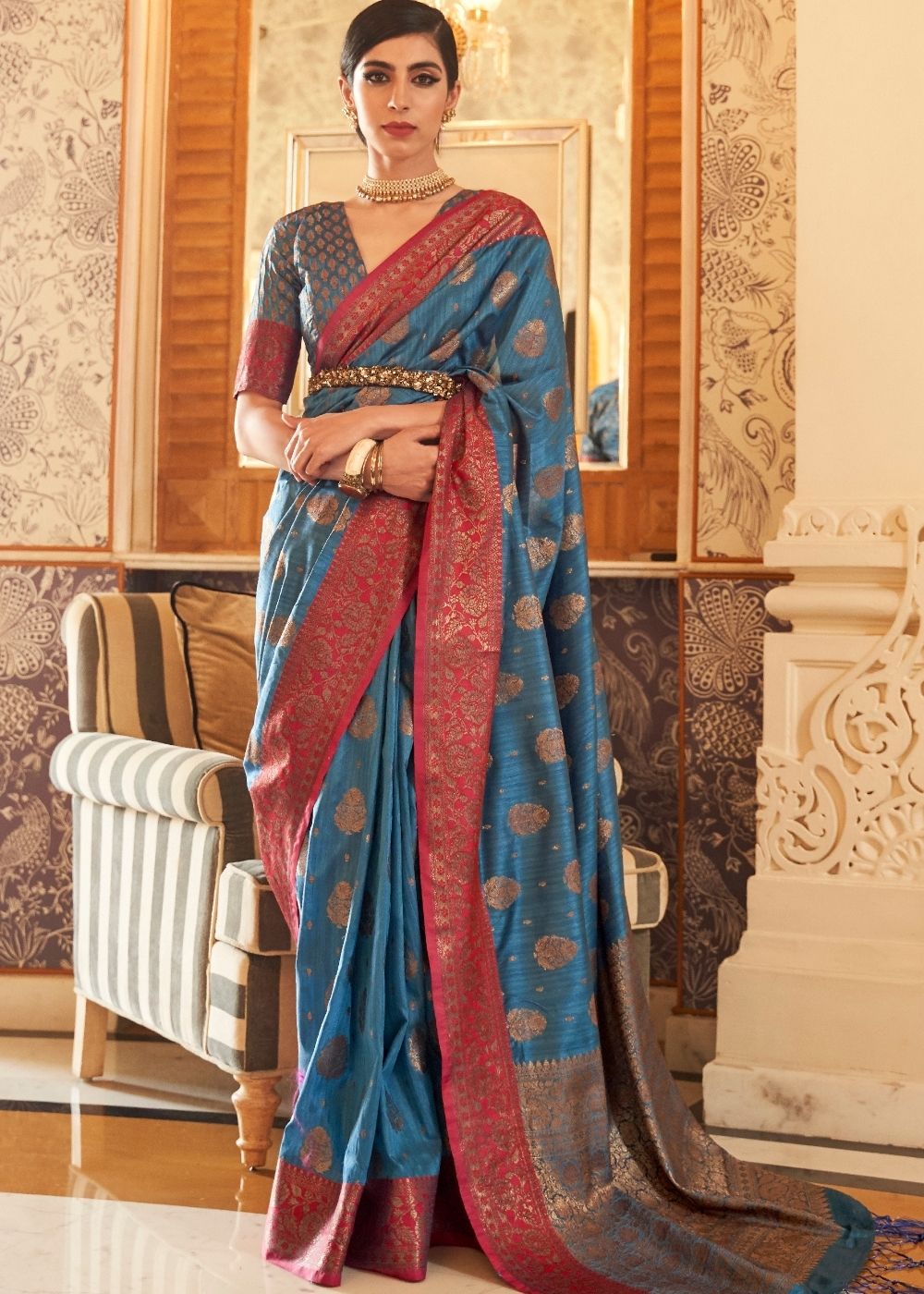 Yale Blue Woven Banarasi Tussar Silk Saree