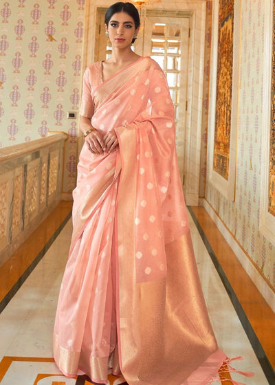 Flamingo Pink Zari Woven Linen Silk Saree