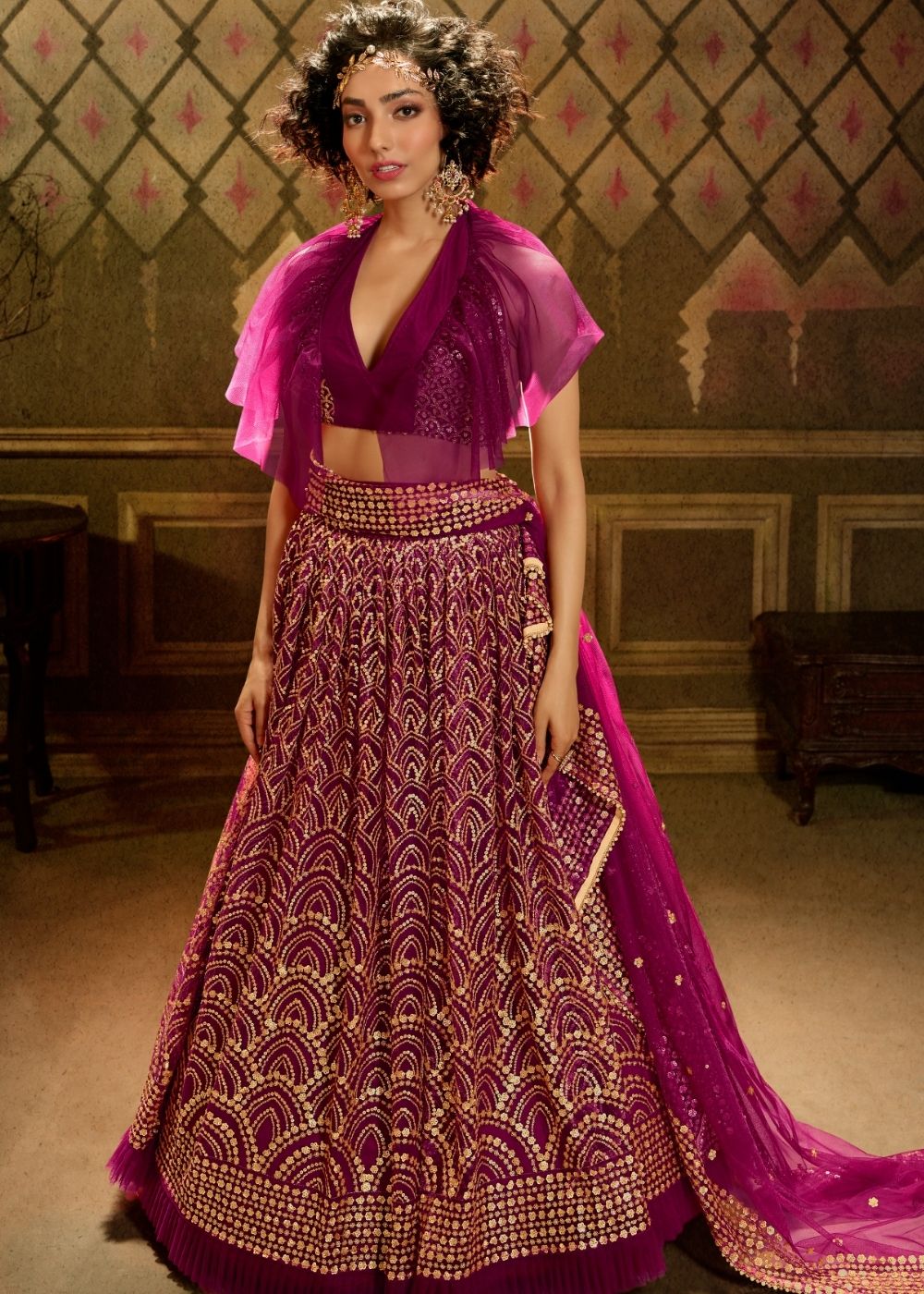 Red Violet Soft Net Designer Lehenga Choli with overall Sequins work