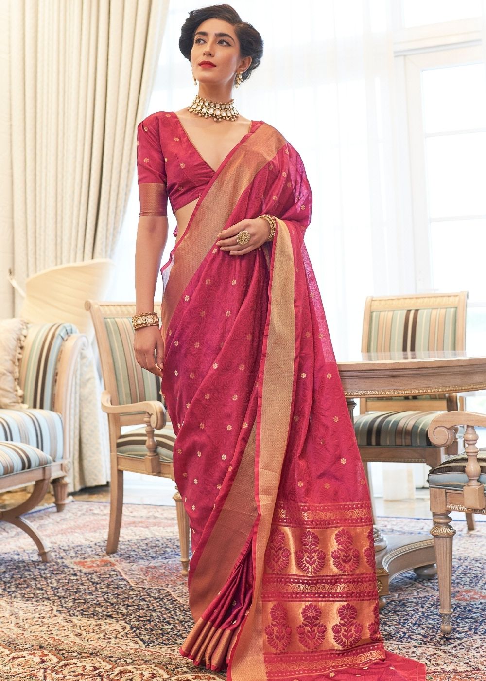 Ruby Pink Ultra Soft Kanjivaram Silk Saree with Zari  Border and Pallu