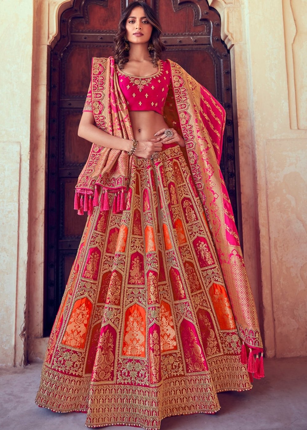 French Rose Pink Banarasi Silk Lehenga Choli with Khatli work Embroidery