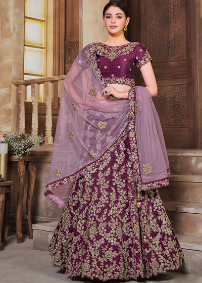 Wine Purple Silk Lehenga Choli with Sequins & Resham Embroidery