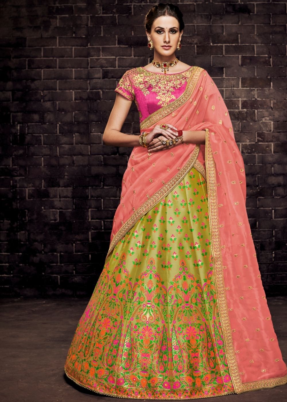 Olive Green Brocade Silk Lehenga with Resham Embroidered Blouse