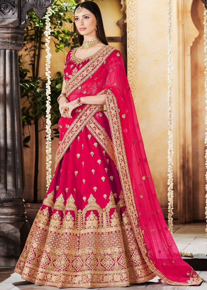 Rose Red Linen Silk Lehenga Choli with Heavy Embroidered Border