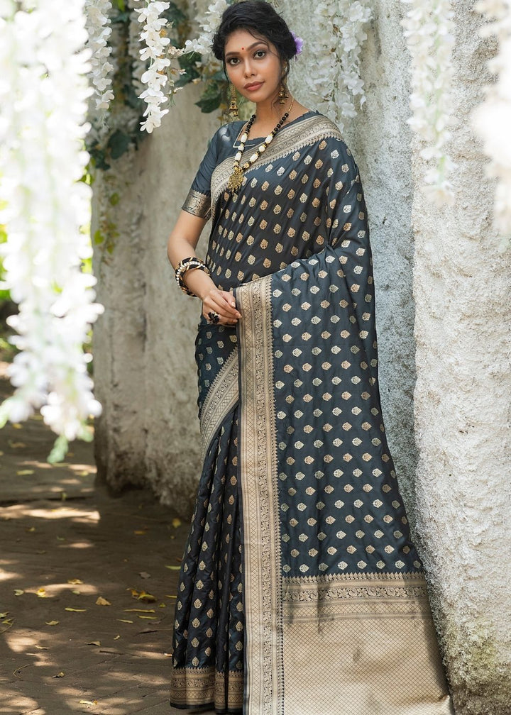 Anchor Grey Soft Banarasi Silk Saree with overall Butti