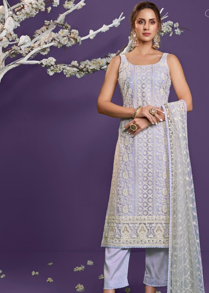 Periwinkle Purple Net Lucknowi Salwar Suit with Cotton Thread Embroidery & Sequence work