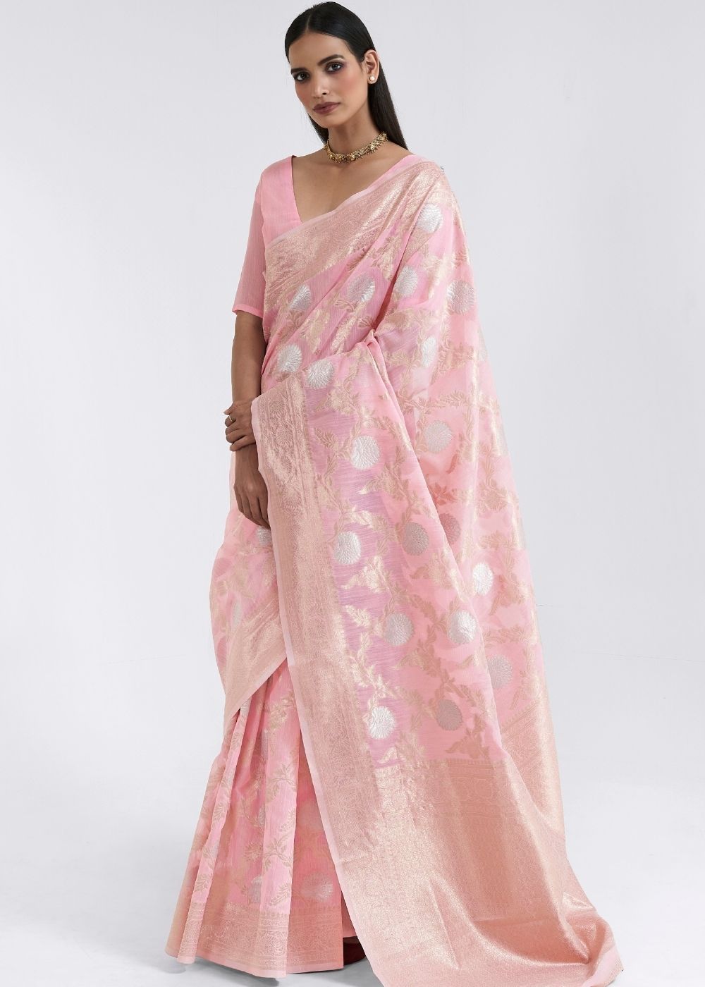 Rose Pink Zari Woven Linen Silk Saree