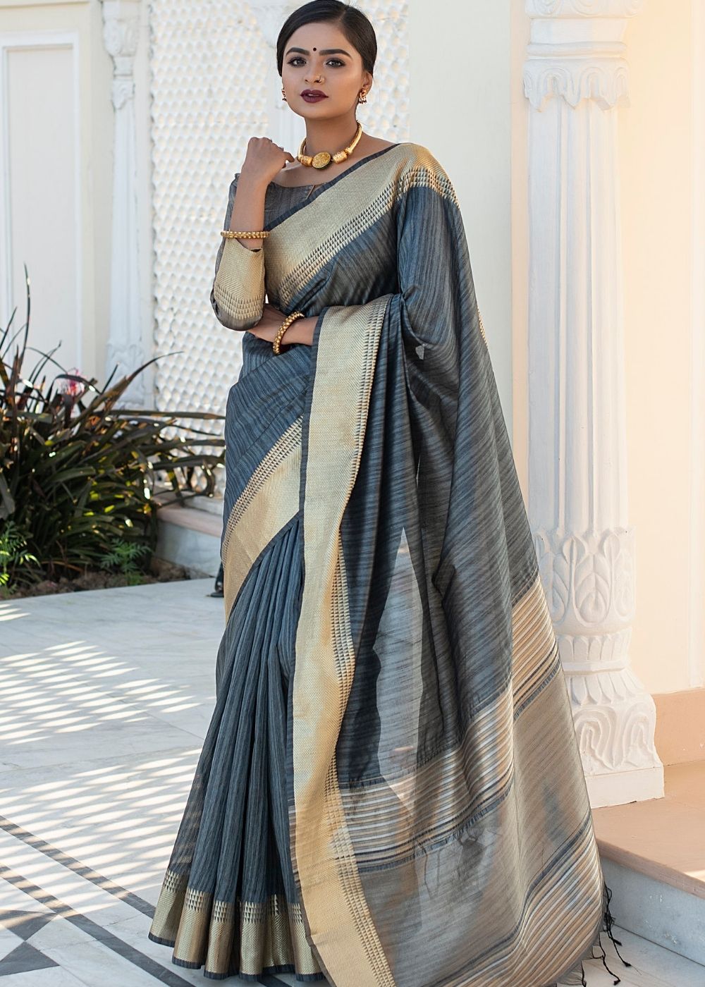 Iron Grey Zari Woven Designer Tussar Silk Saree