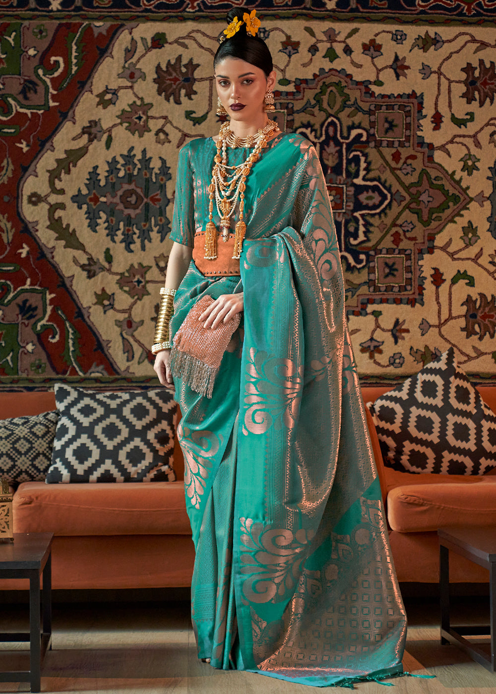 Turtle Green Copper Zari Handloom Weaving Silk Saree