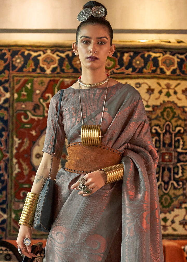 Seal Grey Copper Zari Handloom Weaving Silk Saree