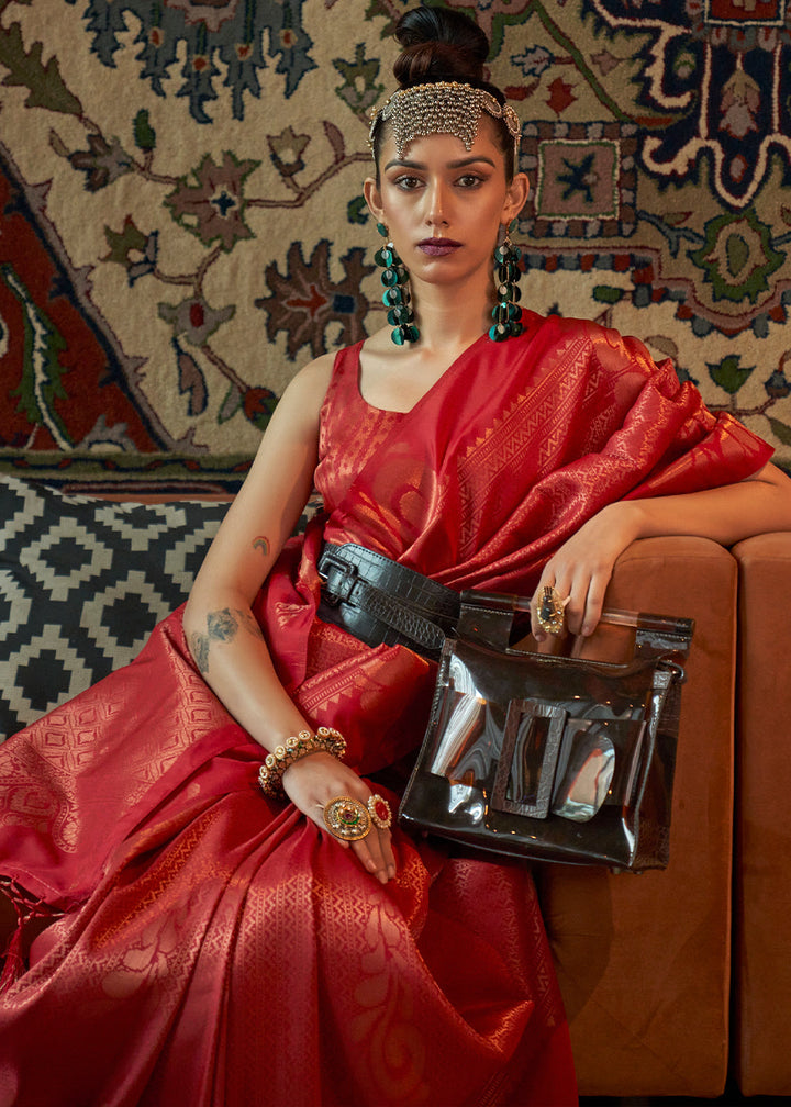 Rufous Red Copper Zari Handloom Weaving Silk Saree