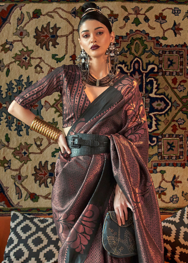Charcoal Black Copper Zari Handloom Weaving Silk Saree
