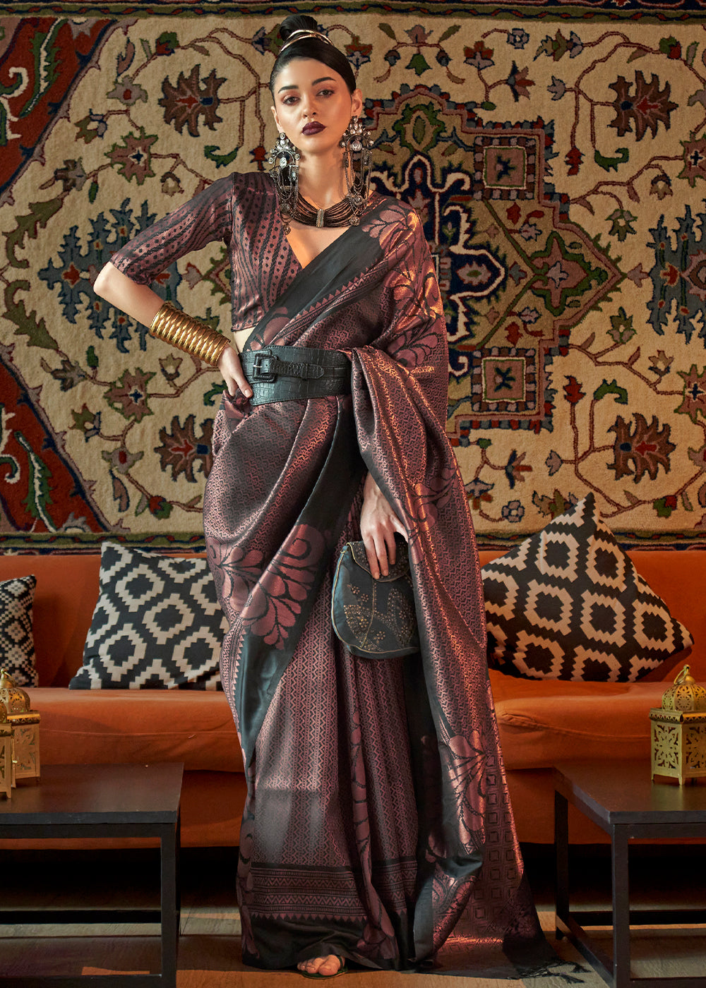 Charcoal Black Copper Zari Handloom Weaving Silk Saree