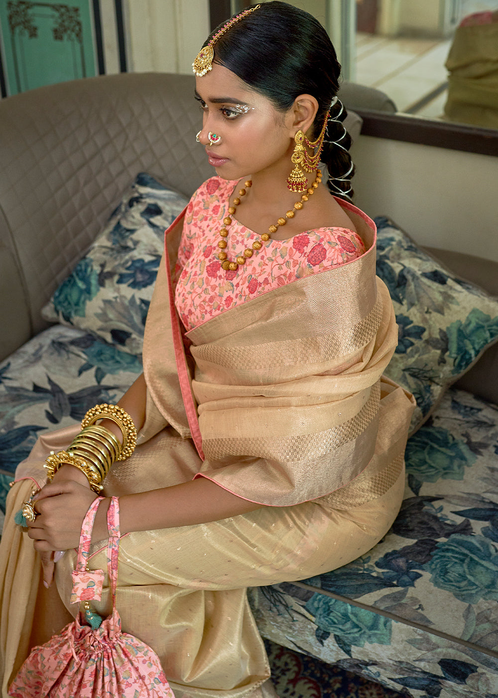 Light Golden Zari Weaving Tissue Silk Saree with kalamkari Print Blouse