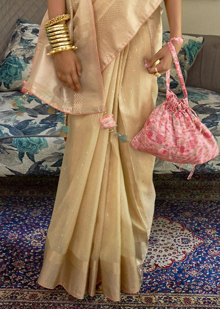 Light Golden Zari Weaving Tissue Silk Saree with kalamkari Print Blouse