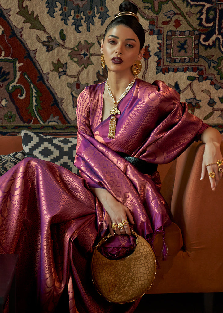 Chinese Purple Copper Zari Handloom Weaving Silk Saree