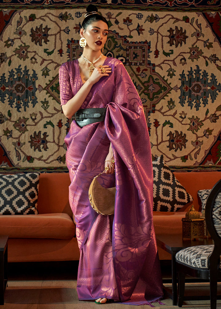 Chinese Purple Copper Zari Handloom Weaving Silk Saree