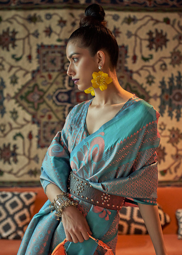 Tiffany Blue Copper Zari Handloom Weaving Silk Saree