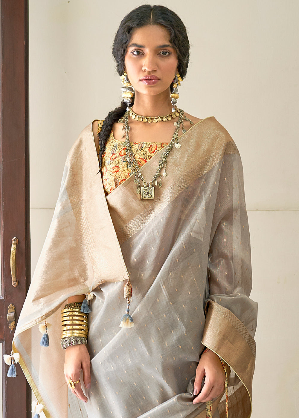 Smoke Grey Zari Weaving Tissue Silk Saree with kalamkari Print Blouse