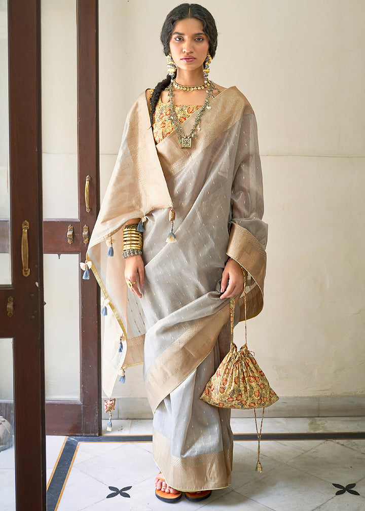 Smoke Grey Zari Weaving Tissue Silk Saree with kalamkari Print Blouse