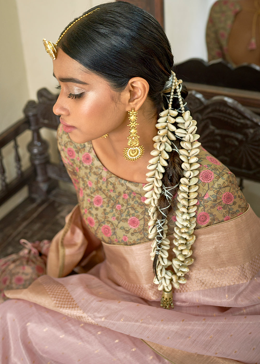 Sweet Pink Zari Weaving Tissue Silk Saree with kalamkari Print Blouse