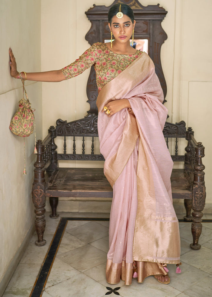 Sweet Pink Zari Weaving Tissue Silk Saree with kalamkari Print Blouse