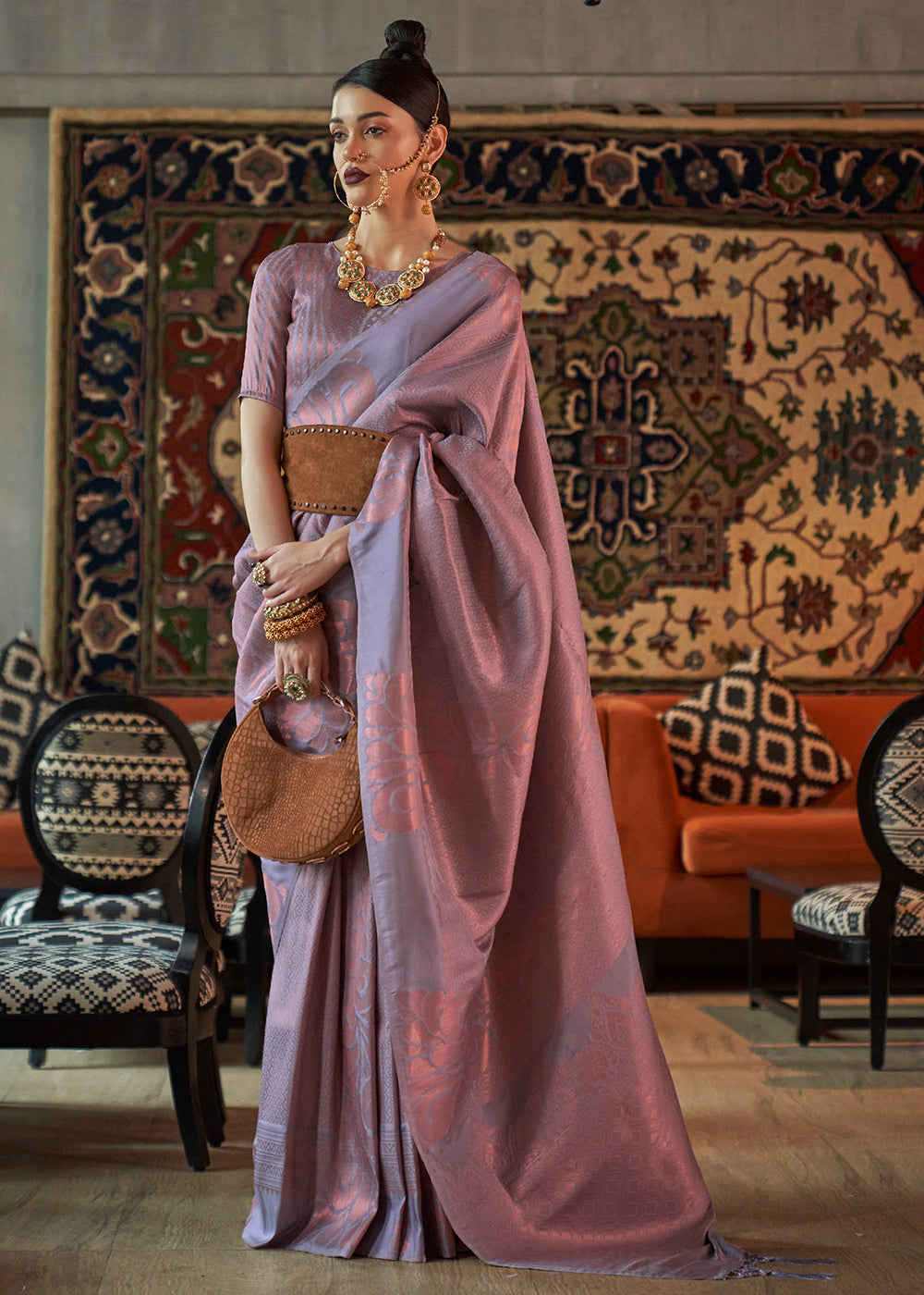 Flint Grey Copper Zari Handloom Weaving Silk Saree