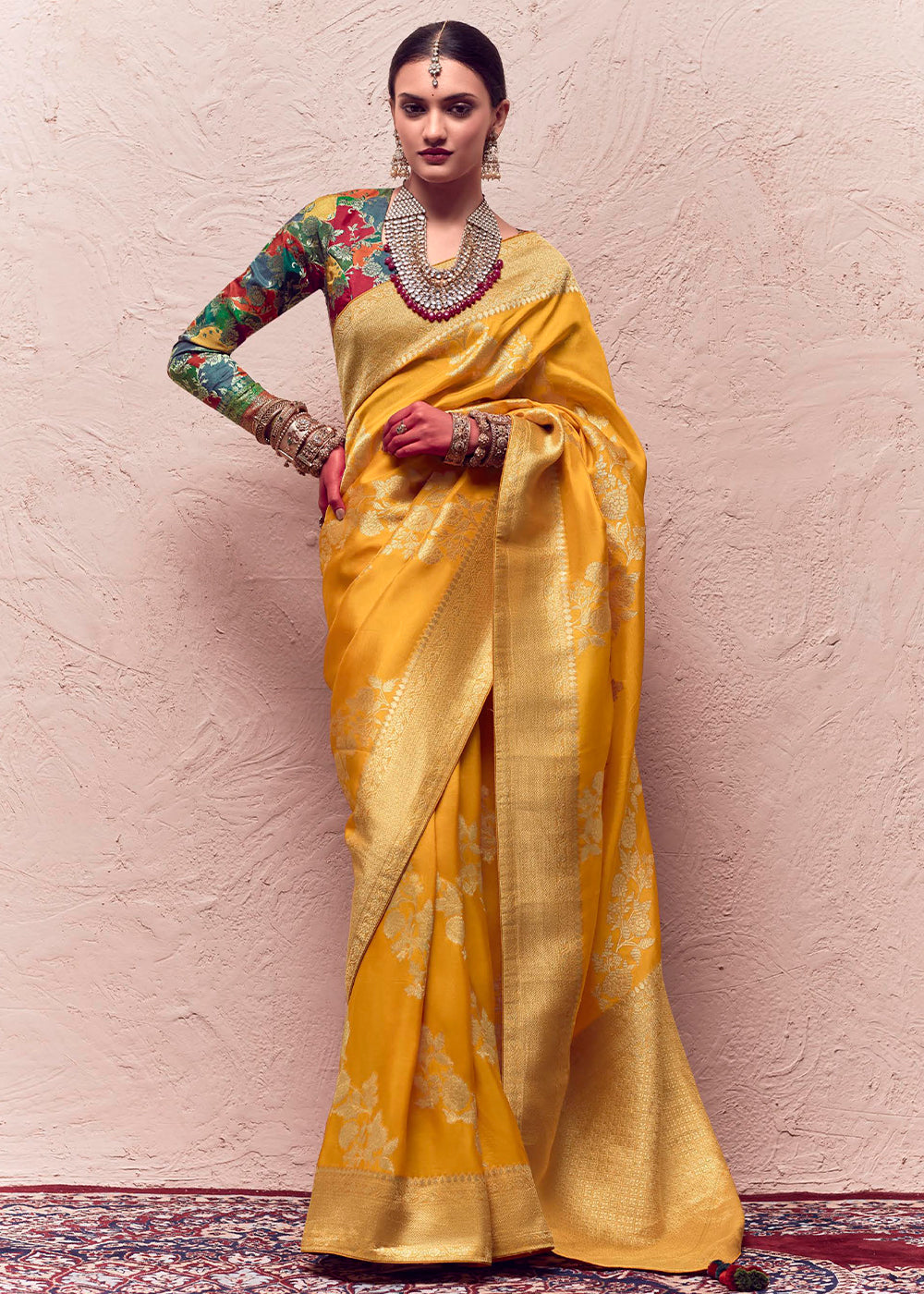 Amber Yellow Zari Woven Dola Silk Saree With Zari Woven Blouse